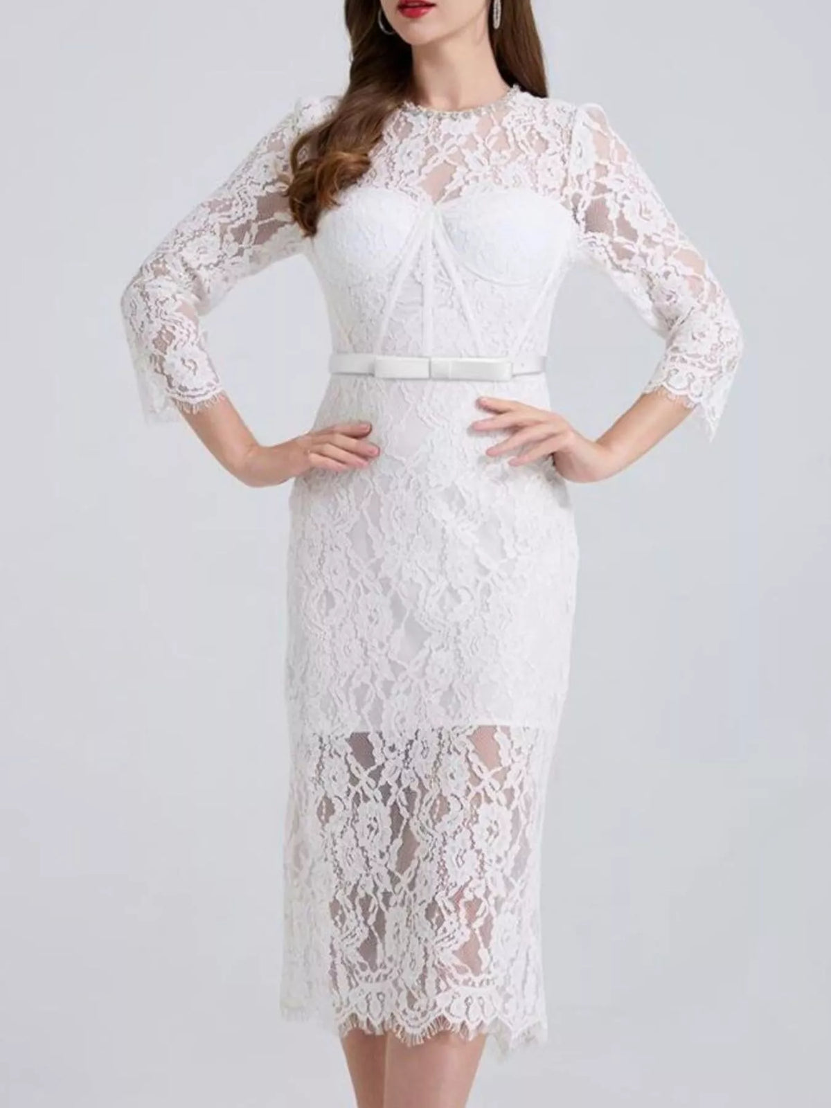 lace long sleeve midi dress lifestyle shot
