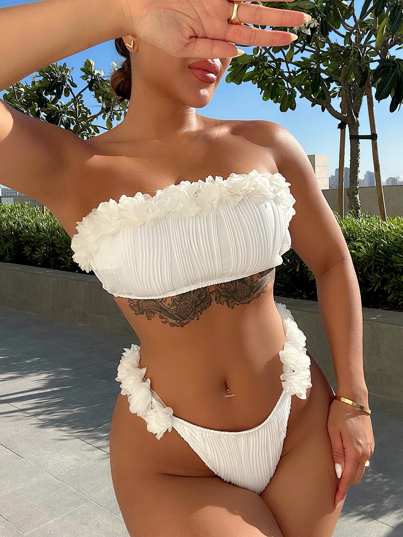 Applique Tie Back Two-Piece Bikini Set - Removable Padding White - Fashorio