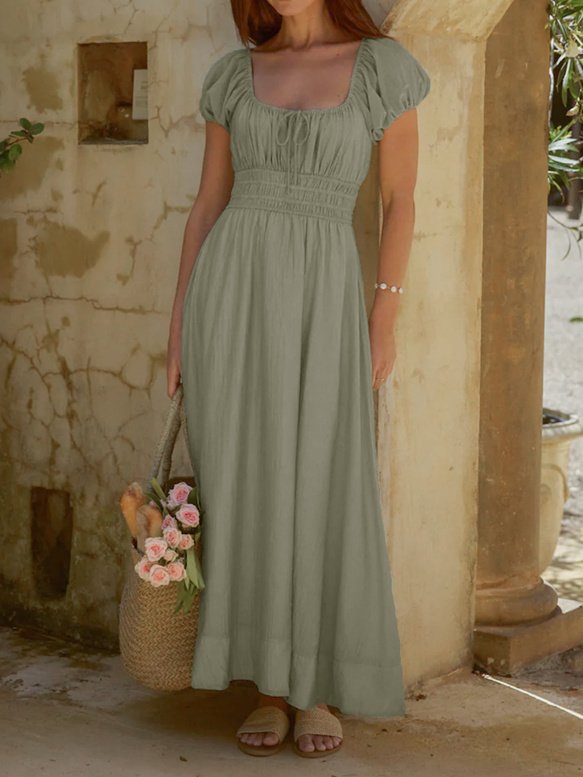 Green smocked waist puff sleeve dress, front view