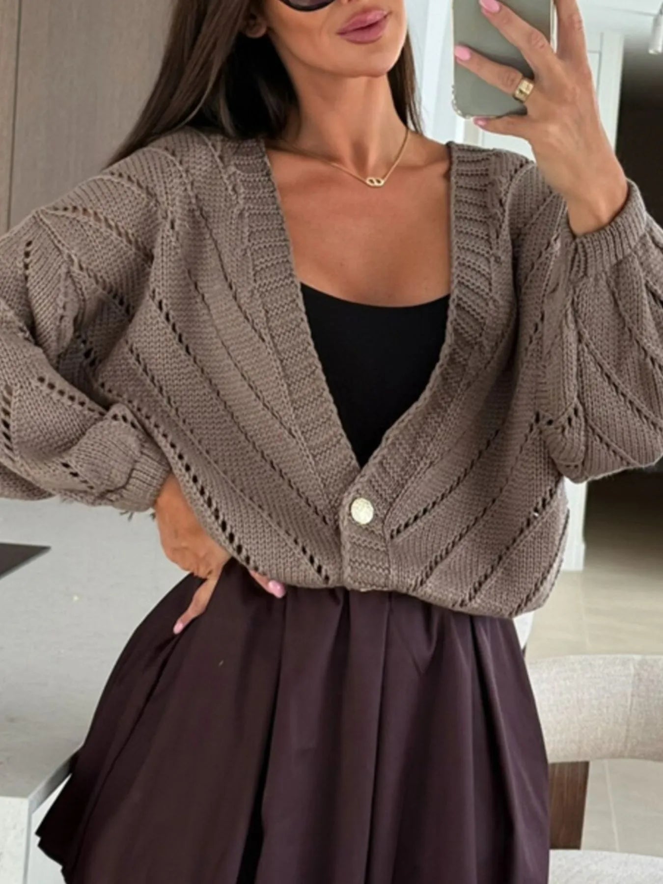 Openwork Long Sleeve Cardigan - Fashorio