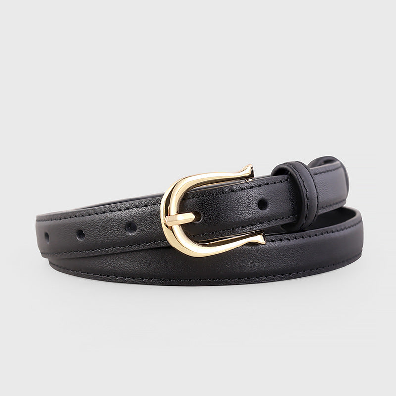 Black leather belt with golden buckle front view