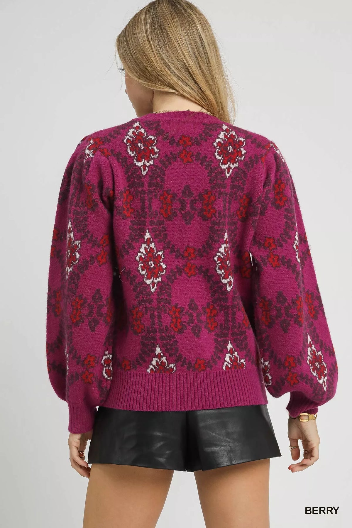 Boho Pattern Long Sleeve Sweater in Berry detail