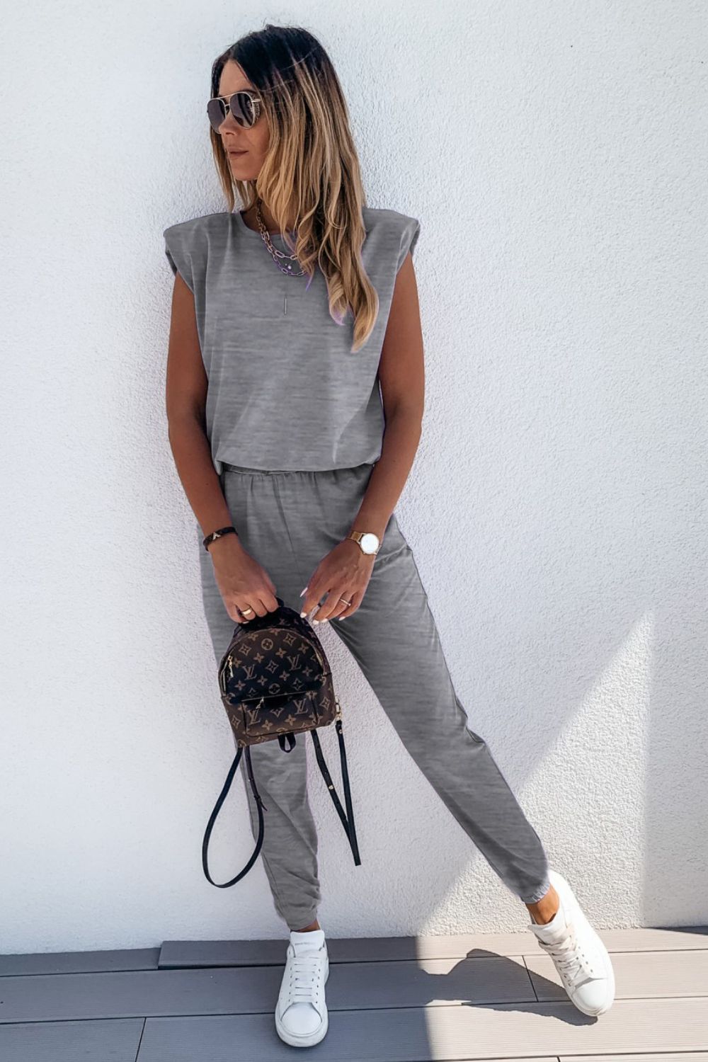Padded Shoulder Top and Joggers Lounge Set - Fashorio
