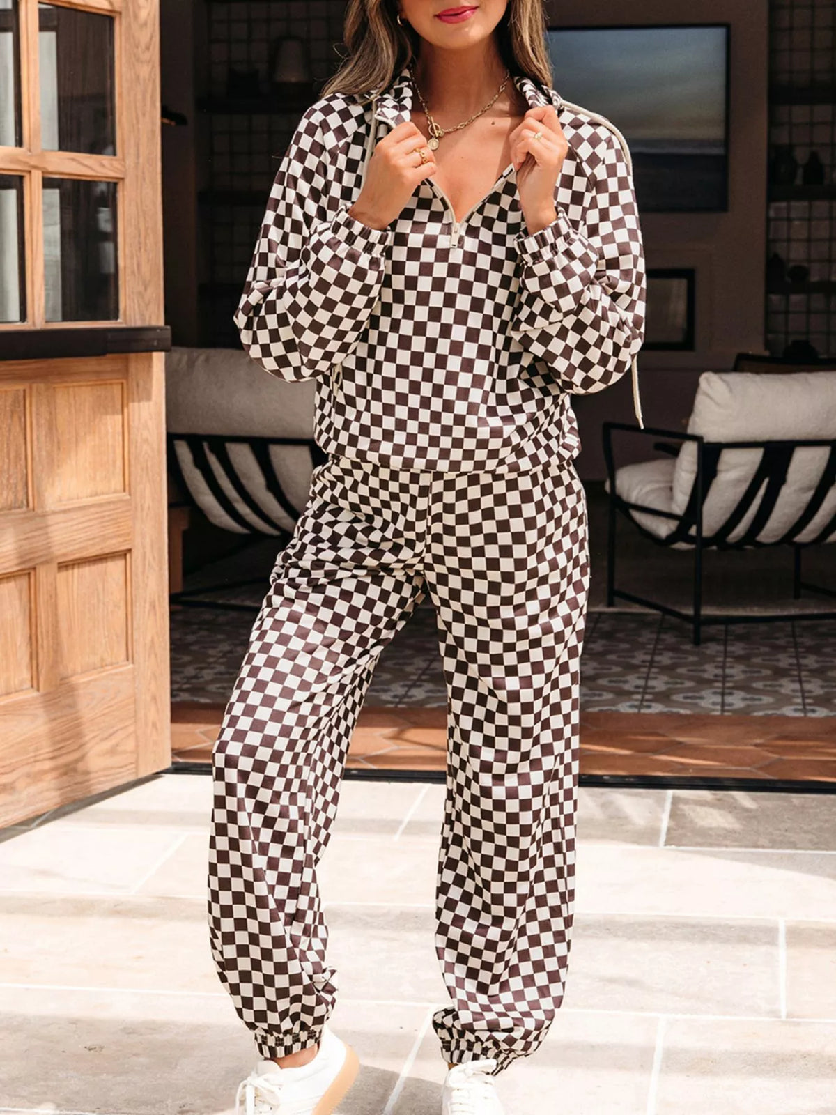 Checkered Drawstring Hoodie and Pants Set detail