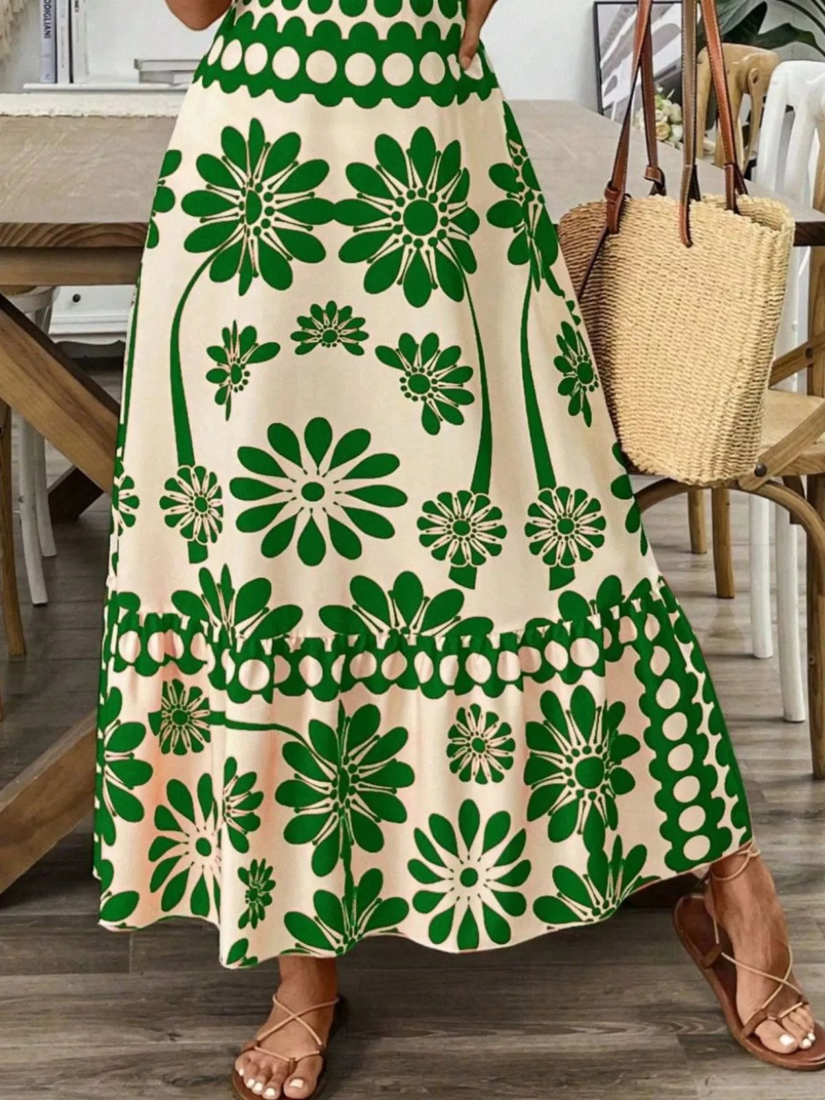 Red floral print tie shoulder midi dress front view