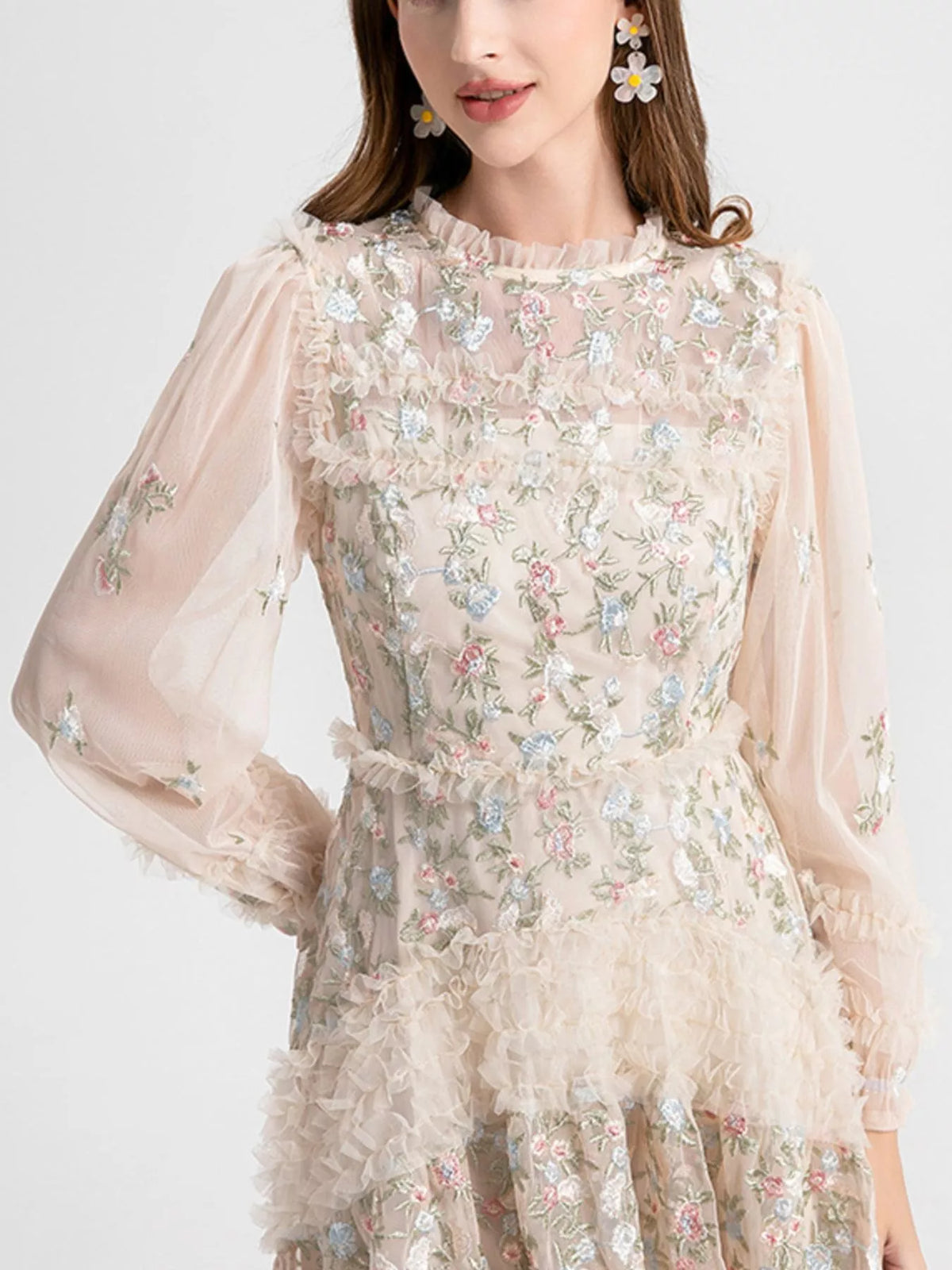 Apricot floral tulle layered maxi dress side view