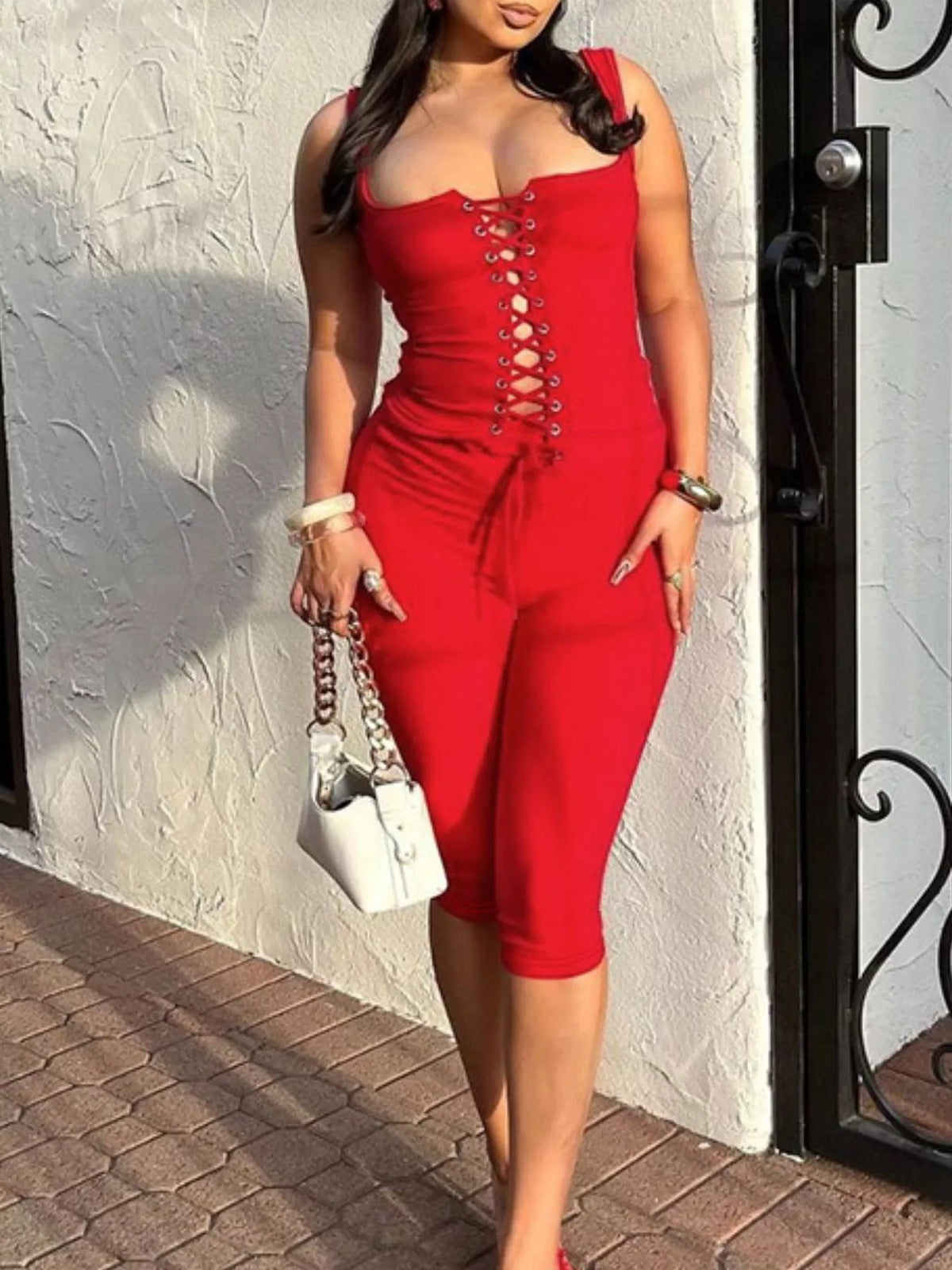 Lace Up Tank and Capri Set in Taupe and Scarlet, view 9