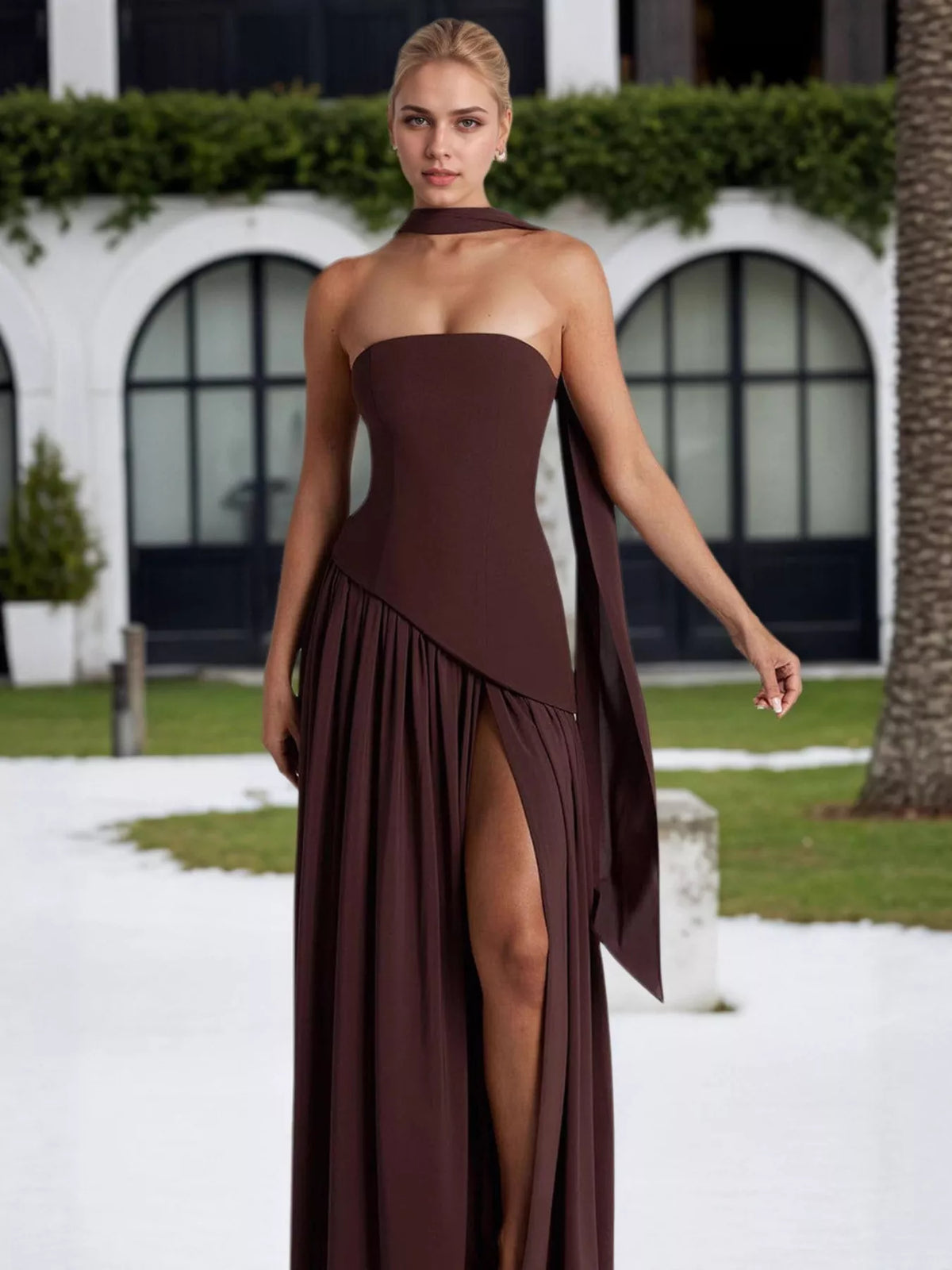 Strapless tube maxi dress side view showing length