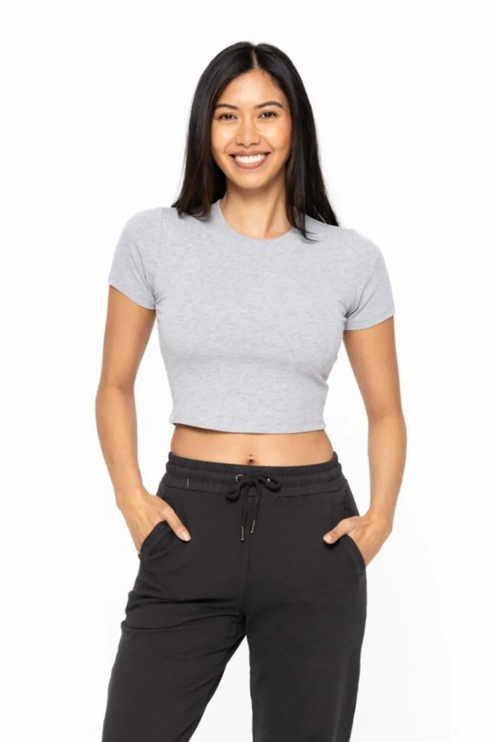 MONO B Essential Micro-ribbed Cropped Athleisure Tee HEATHER GREY - Fashorio