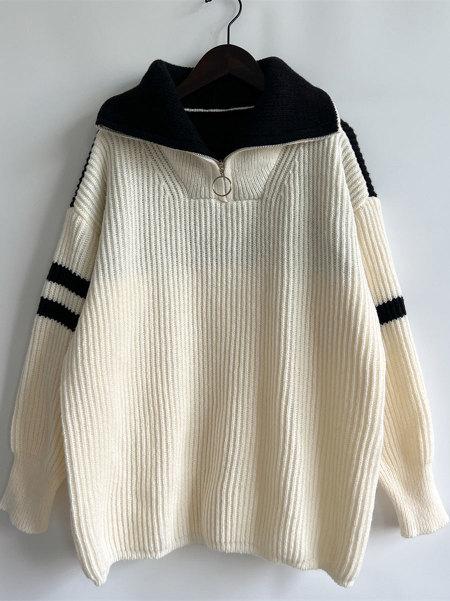 Ribbed Two-Tone Half Zip Sweater - Fashorio