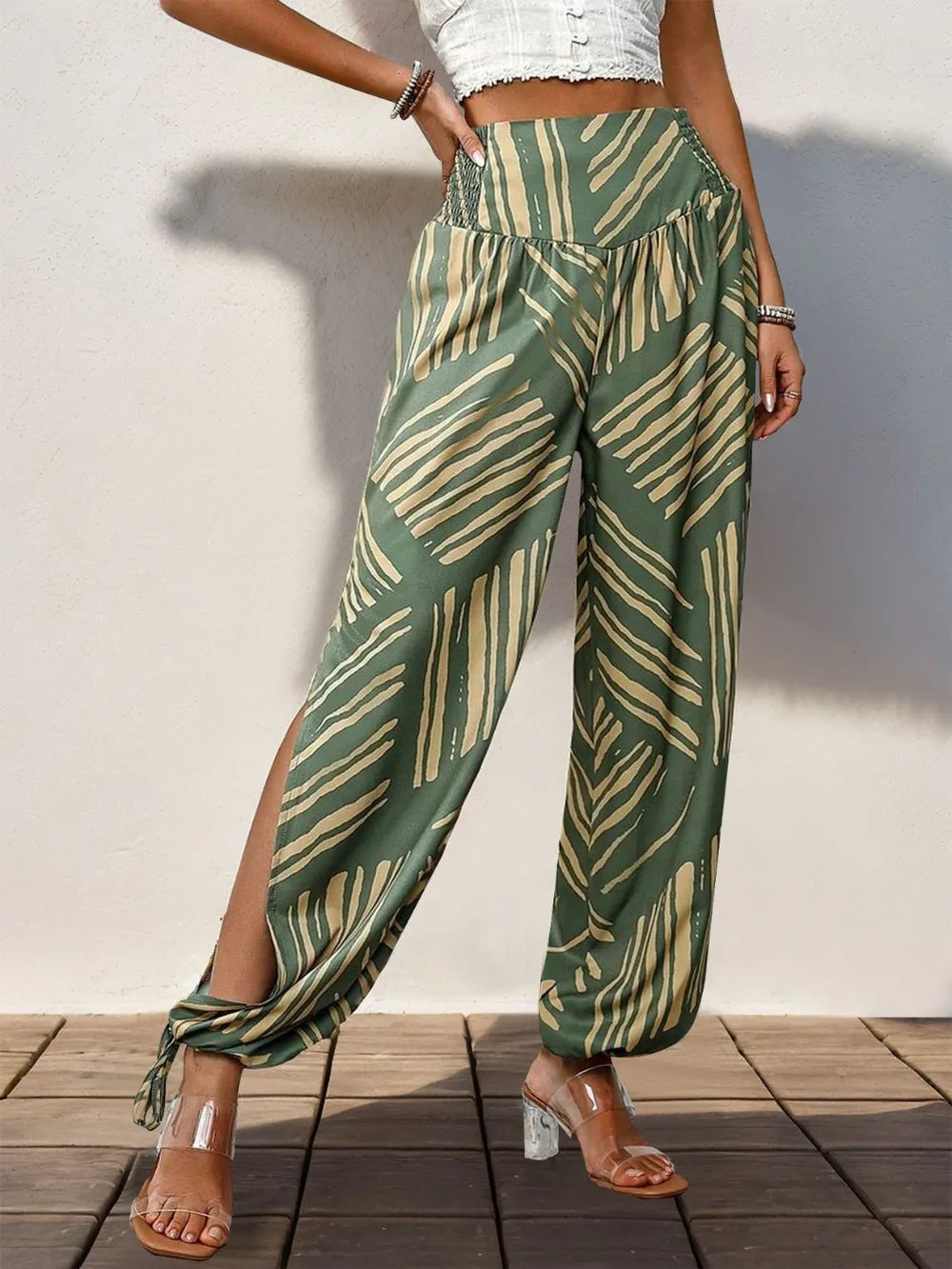 Smocked slit printed high waist wide leg pants front view