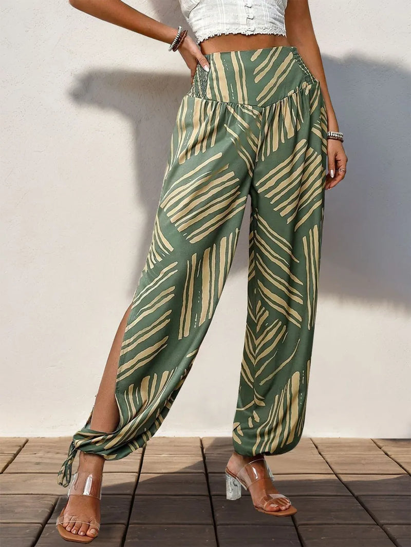 Smocked slit printed high waist wide leg pants front view