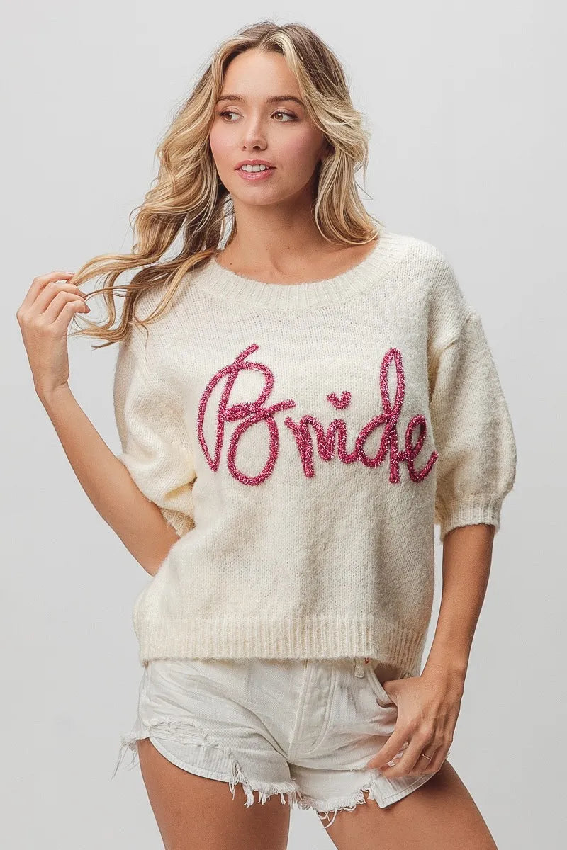Metallic Letter Fuzzy Puff Sleeve Top in Ivory view 15