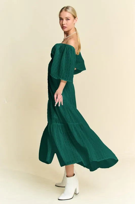 Swiss Dot Open Back Ruffle Midi Dress in Forest Green back view