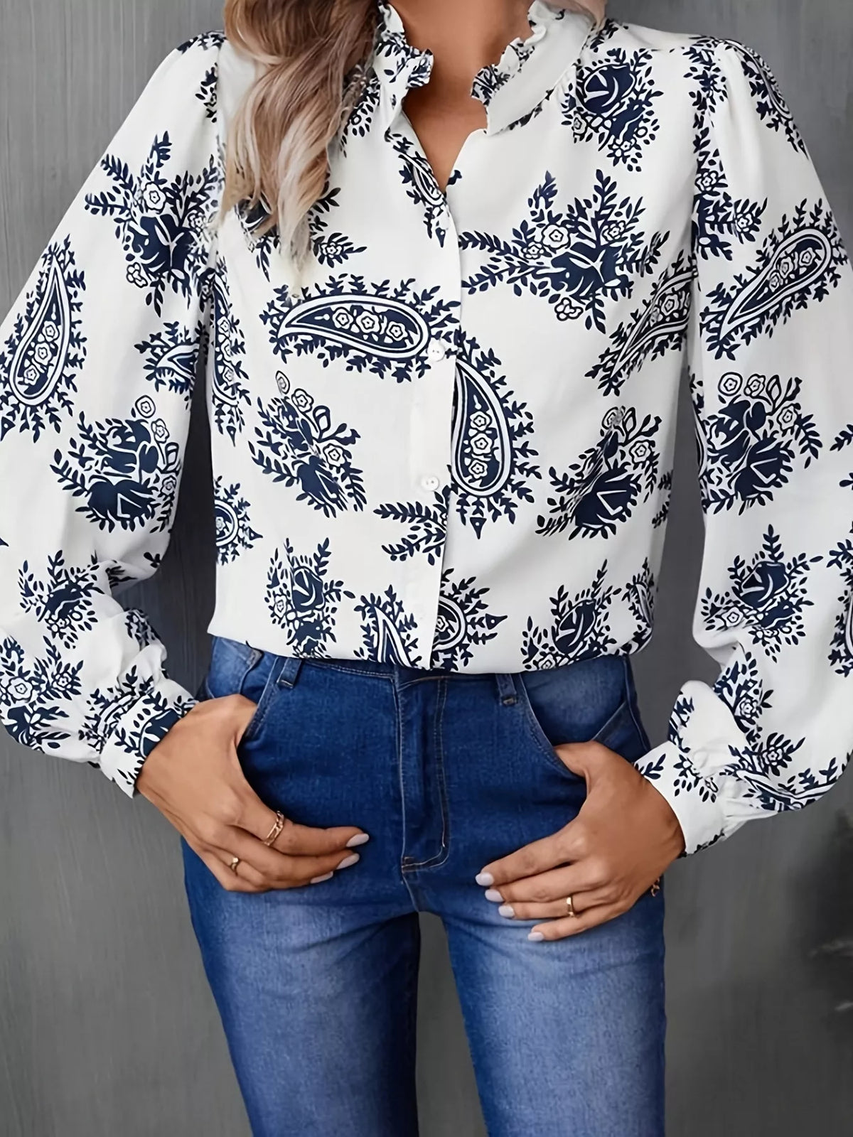 Paisley print button up frill shirt front view