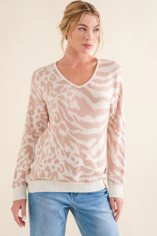 Leopard and Zebra Print Sweater Top in Pale Pink
