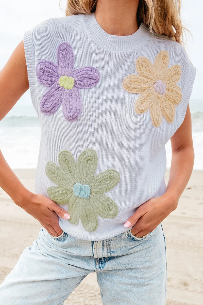 Crochet Flower Round Neck Sweater Vest in White and Dusty Pink