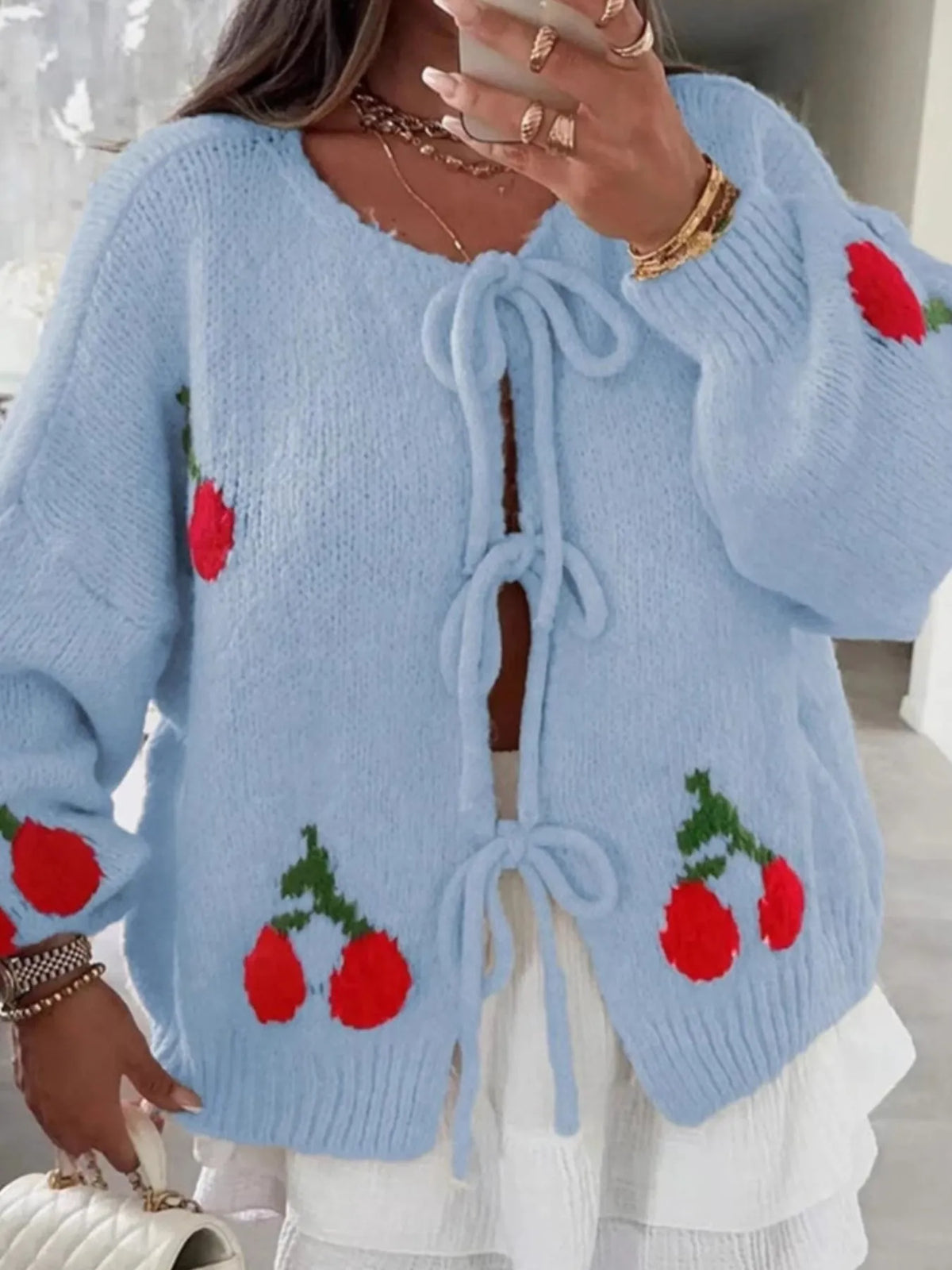 cherry tie front oversized cardigan sleeve and cuff detail