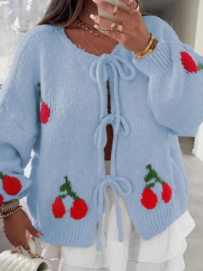 Cherry Pattern Tie-Front Oversized Cardigan - Fashorio