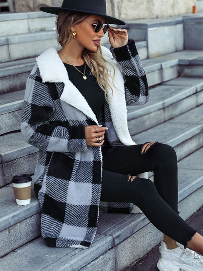 Plaid Open Front Coat with Pockets - Fashorio