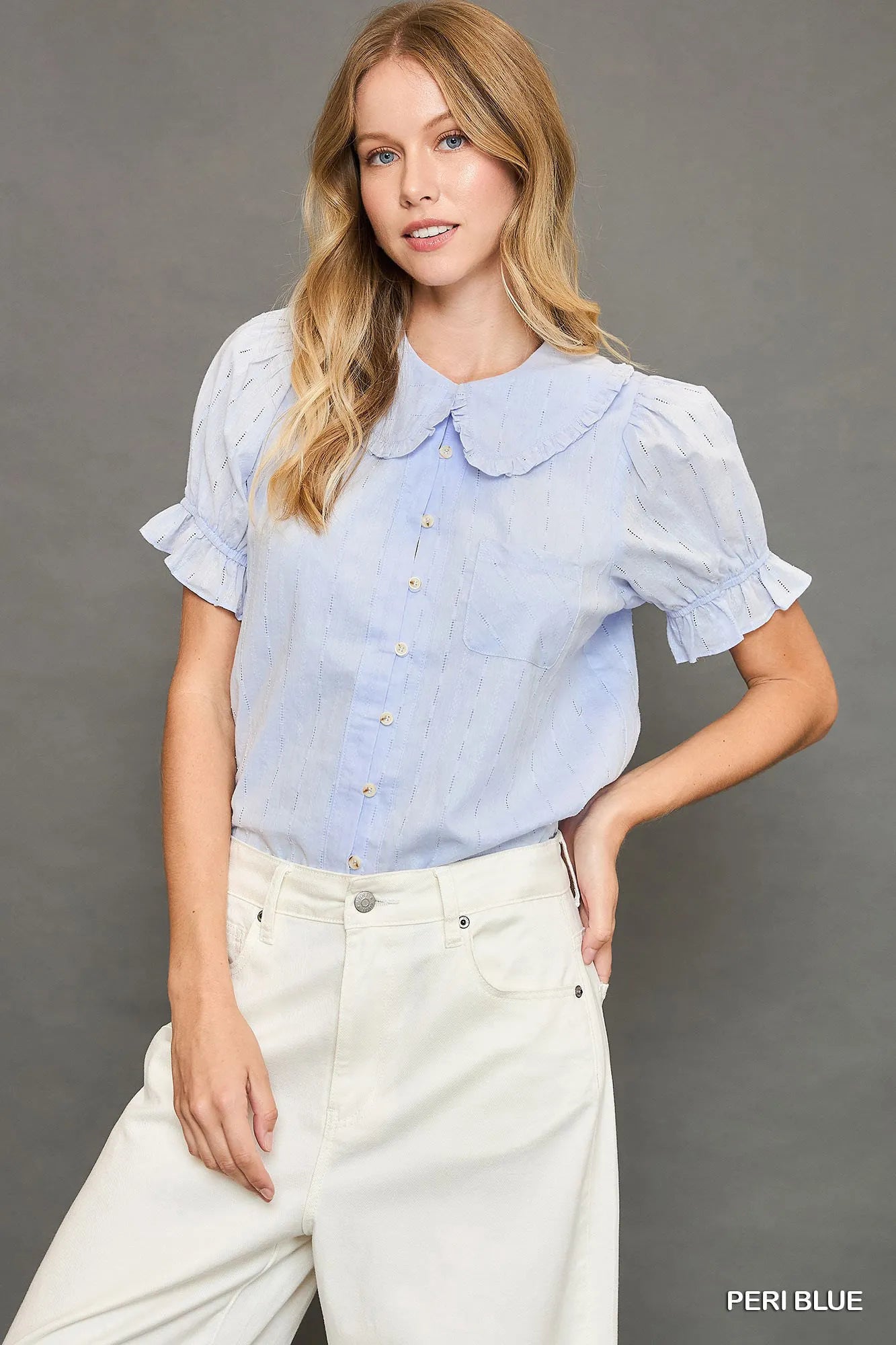 Umgee Peter Pan Collared Button Down Textured Shirt with Ruffled Detail PERI BLUE - Fashorio
