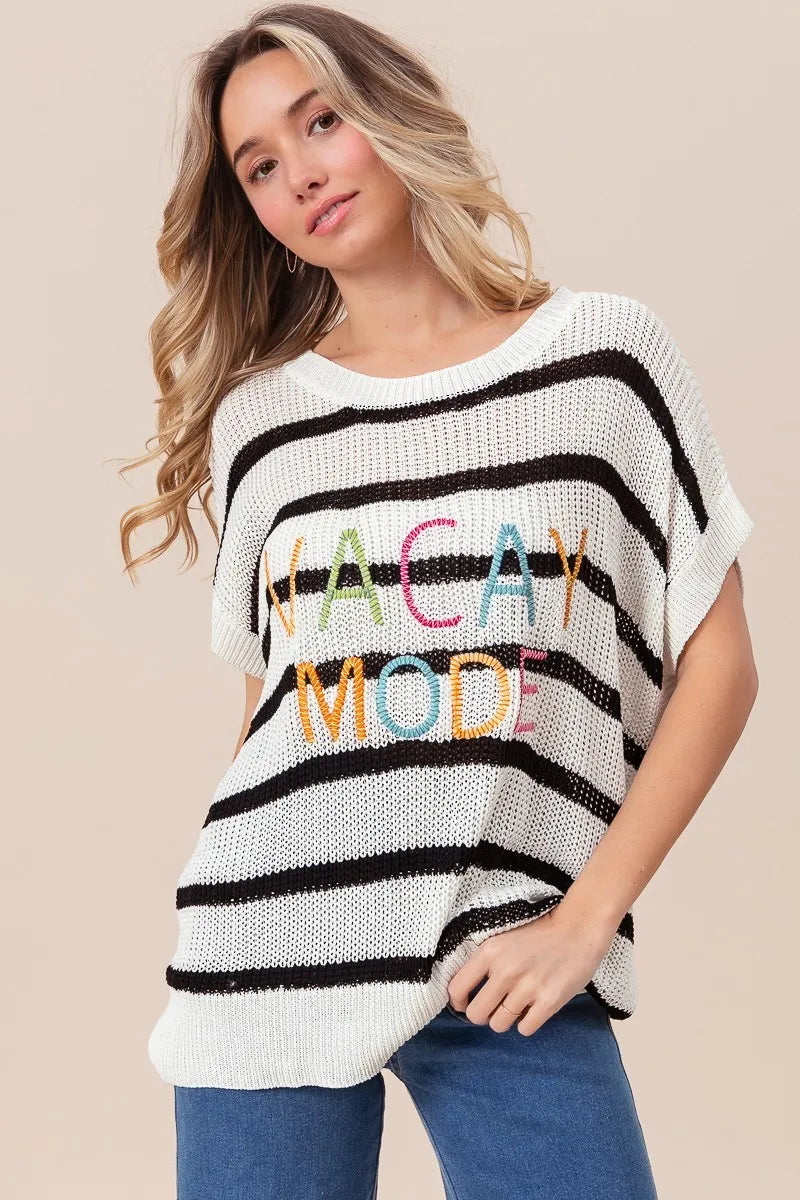 BiBi Vacay Mode Lettering Drop Shoulder Striped Sweater - Fashorio