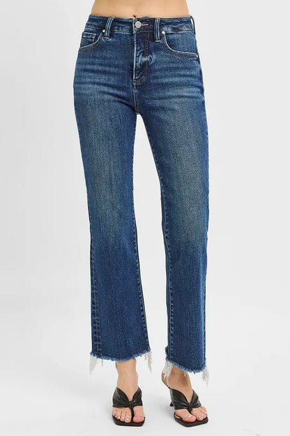 RISEN Full Size Tummy Control High Rise Crop Straight Raw Cut Hem Jeans Plus Size DARK - Fashorio