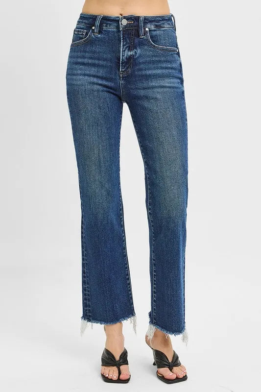 RISEN Full Size Tummy Control High Rise Crop Straight Raw Cut Hem Jeans Plus Size DARK - Fashorio