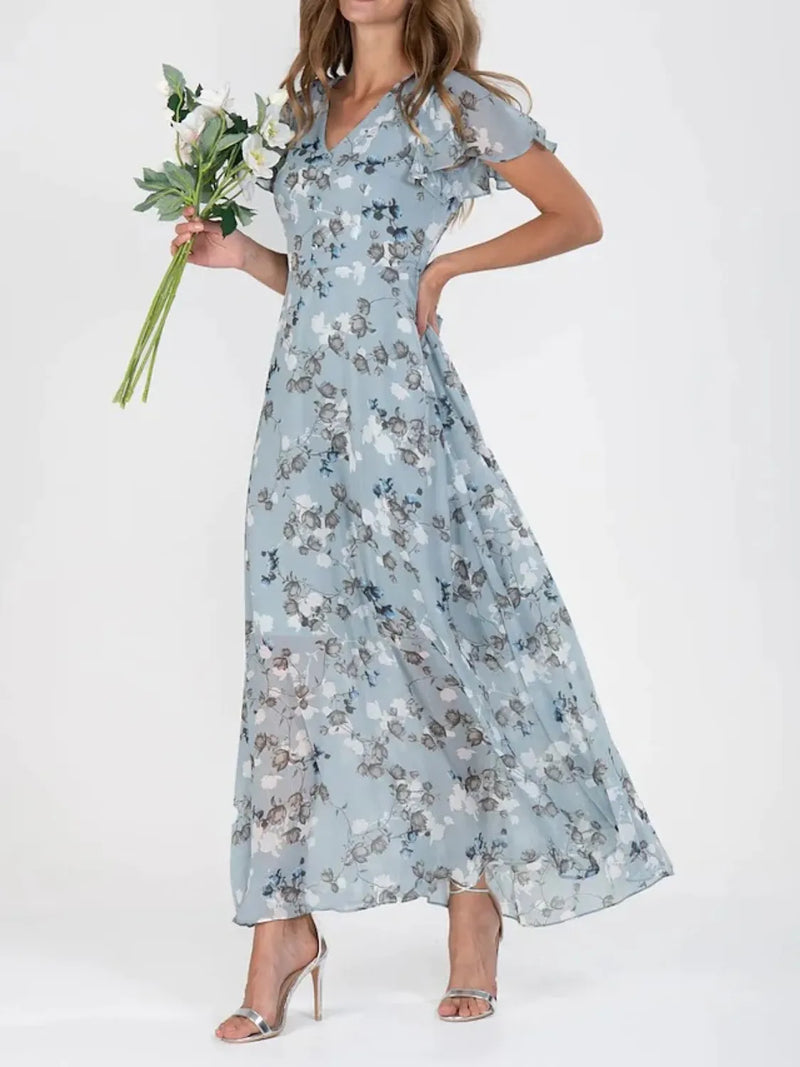 Floral V neck flutter sleeve maxi dress in light blue, front view