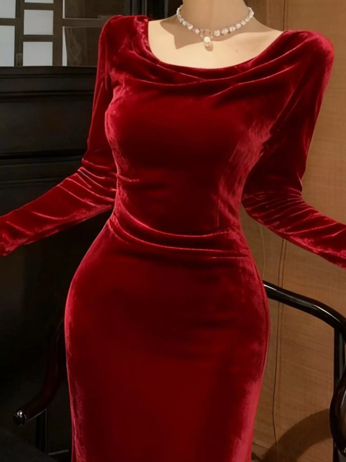 velvet cowl neck long sleeve midi dress fabric and texture detail