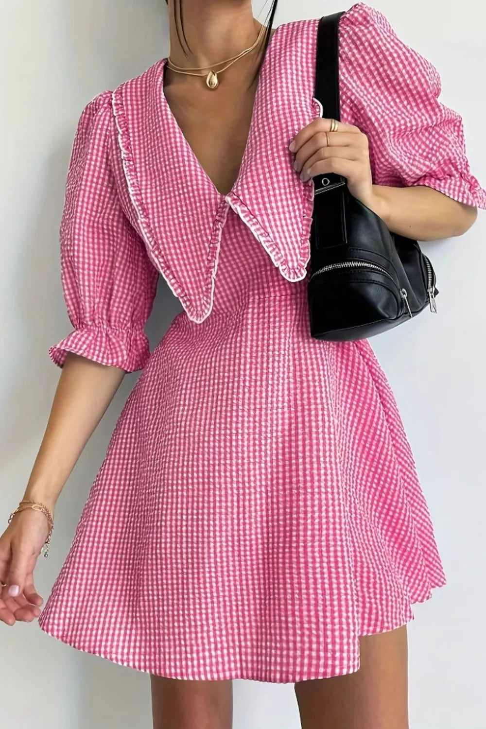 Gingham Puff Sleeve Mini Dress in Pink detail
