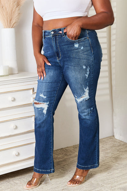 Judy Blue Mid Rise Hand Sand & Destroy Bootcut Jeans – Full Size - Fashorio