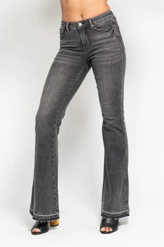 Back view of washed gray flare denim