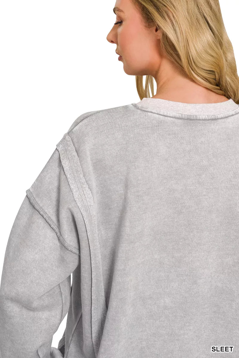 Zenana acid wash contrast trim sweatshirt sleeve detail
