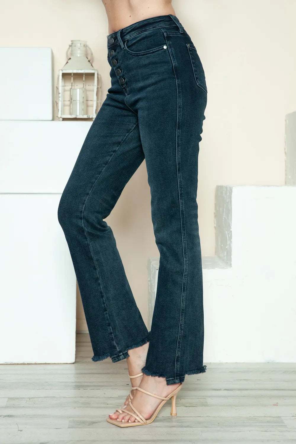 Judy Blue button fly destroy straight jeans front view on model