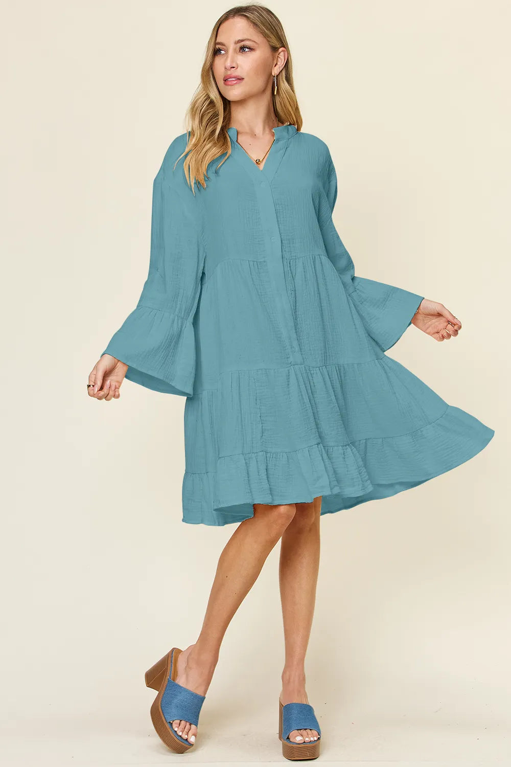 Double Take Textured Button Up Ruffle Hem Dress, view 6