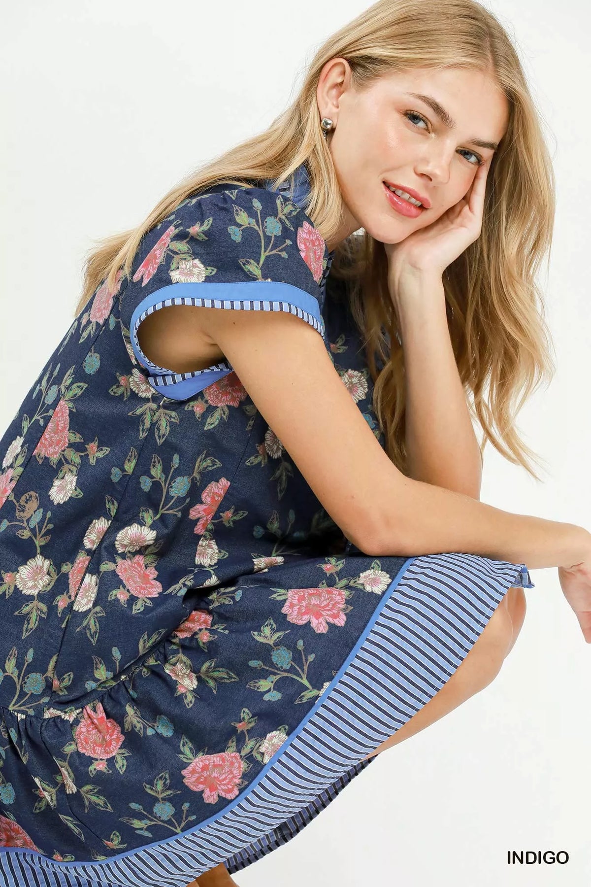 Indigo floral ruffle hem mini dress side view