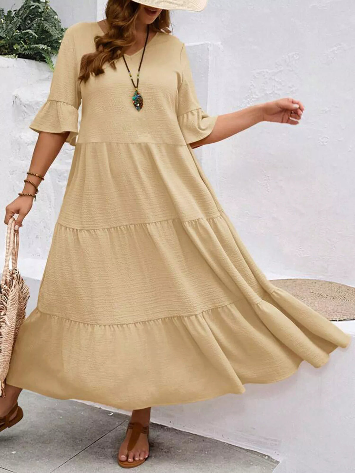 Plus Size Ruffle Sleeve Tiered Midi Dress, view 6