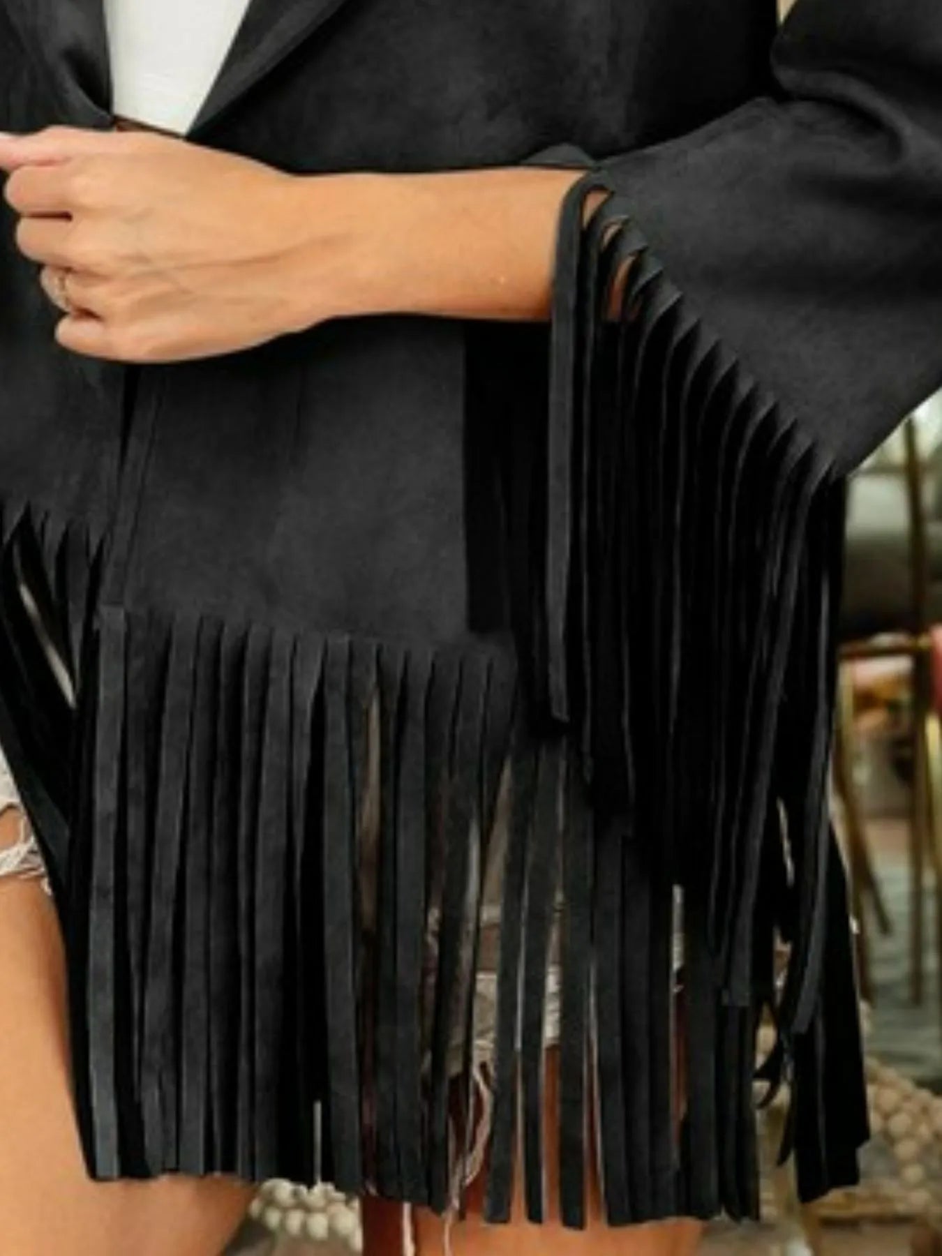 BiBi Suede Single Blazer with Fringed Hem - Fashorio