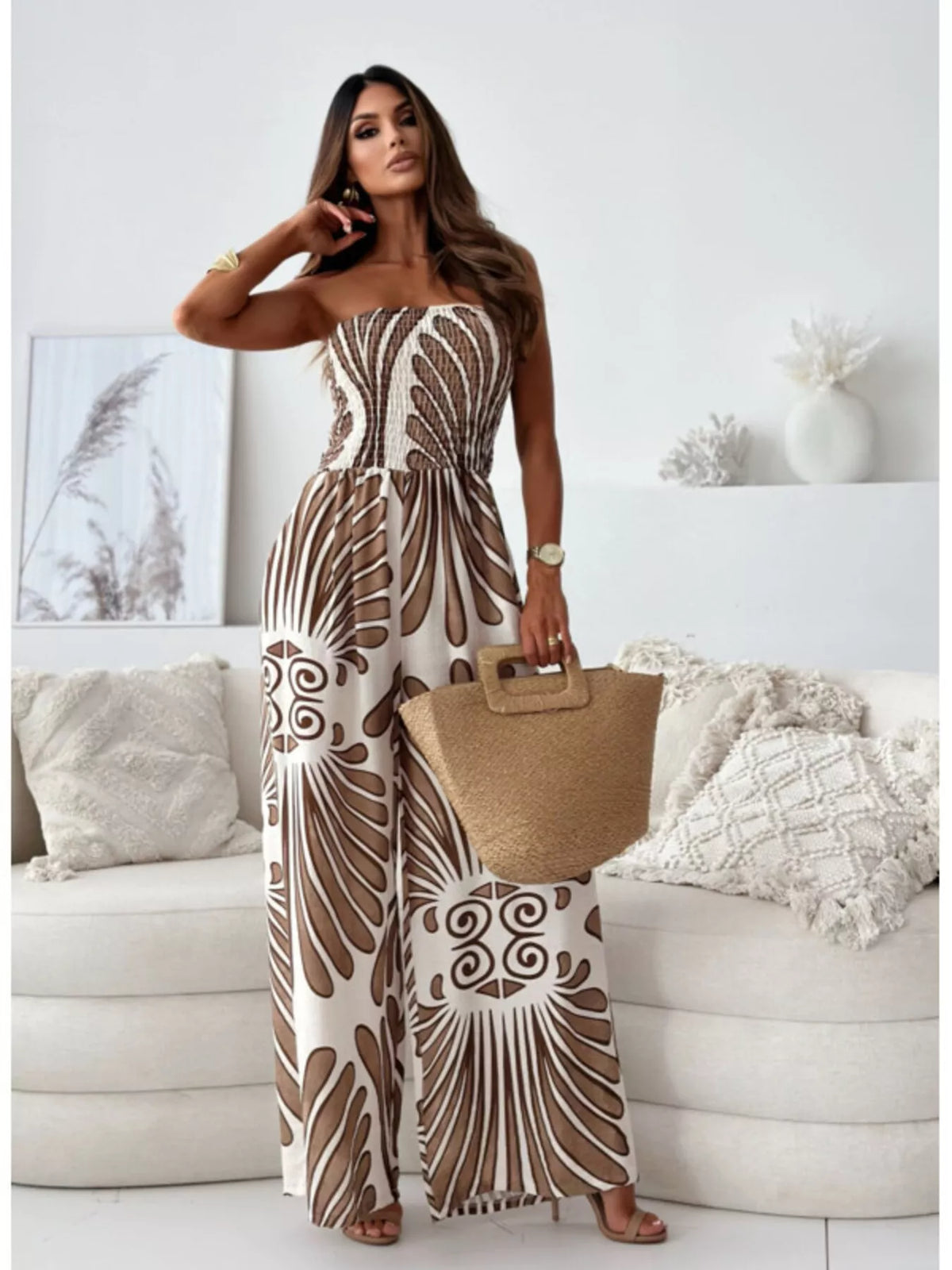 Printed strapless wide leg jumpsuit side view