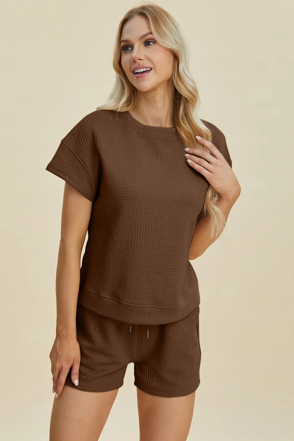 Textured Short Sleeve Top and Shorts Two Piece Set, view 27