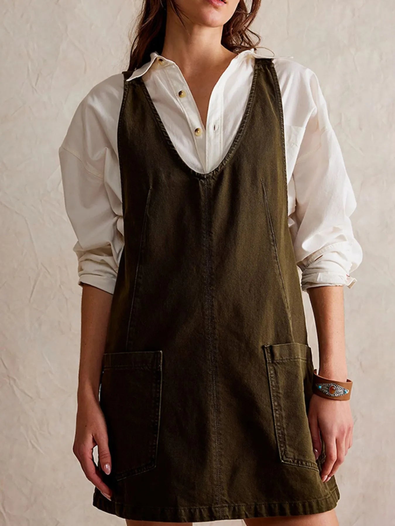 Oversized V-Neck Denim Tank Dress with Front Pockets Army Green - Fashorio