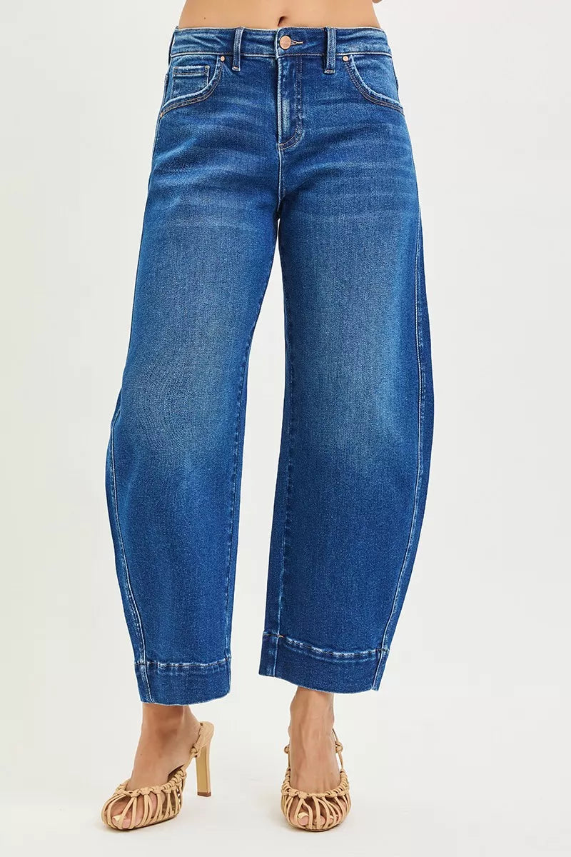 RISEN barrel jeans side view showing rounded leg shape