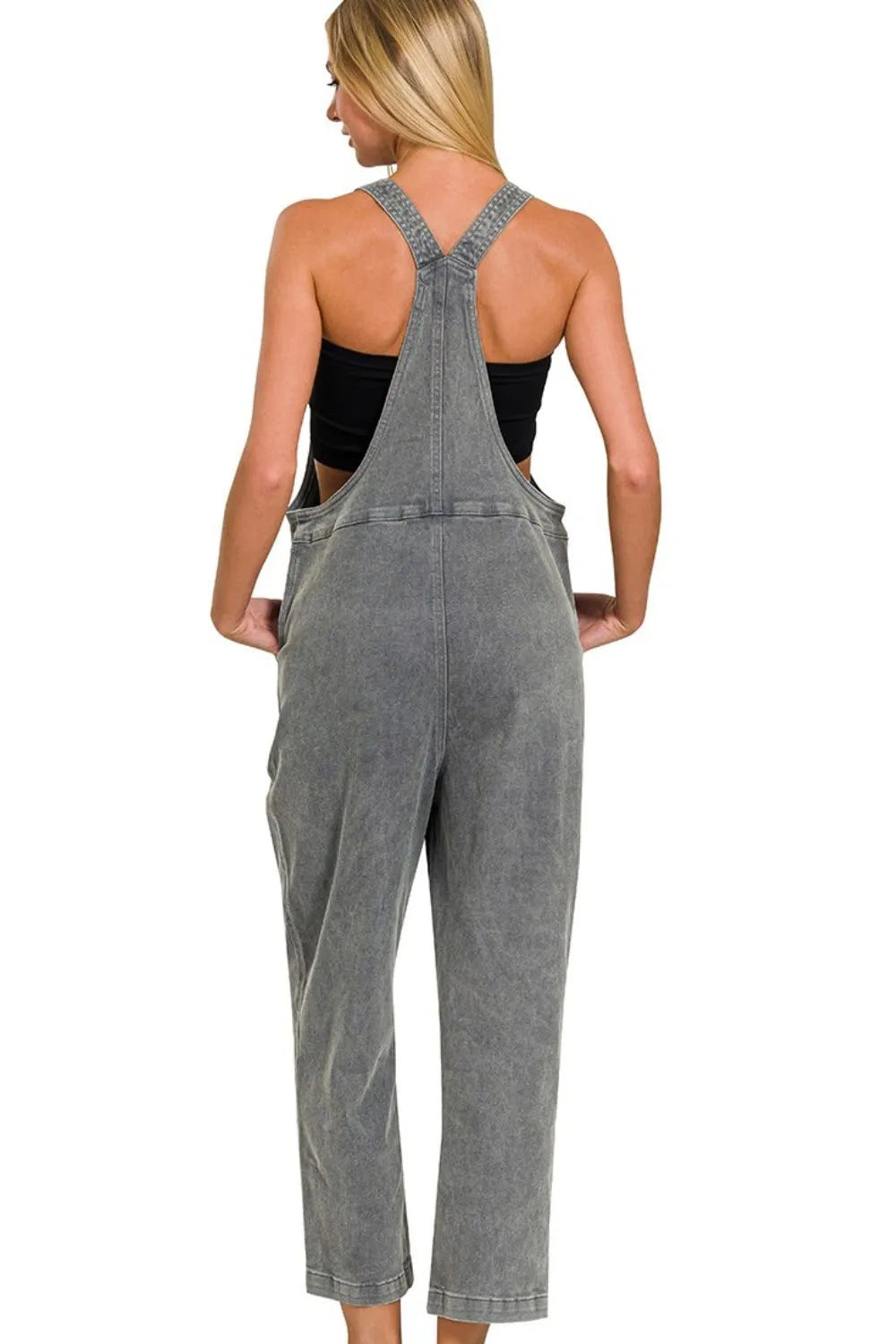 Denim overalls knot strap shoulder detail