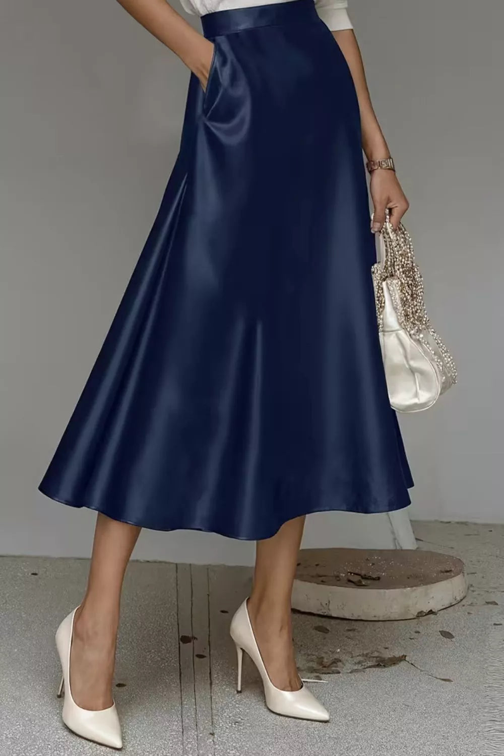 Satin A line midi skirt front view