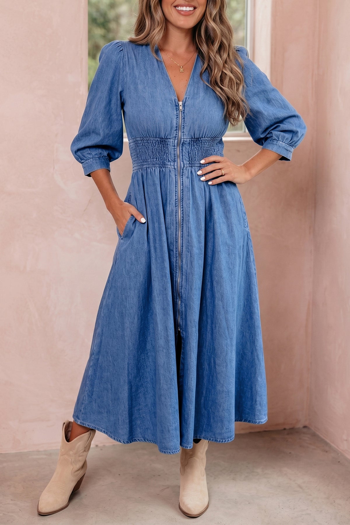 Blue denim midi dress front view with V neck and metal zipper