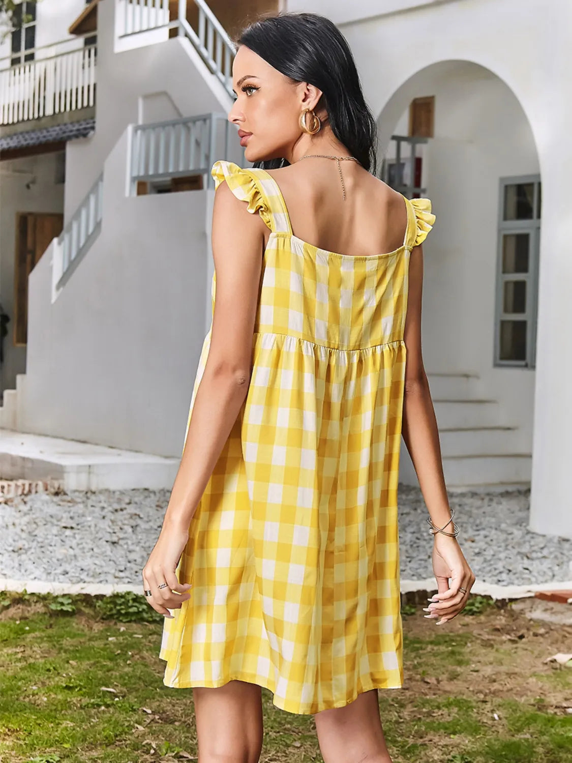 Ruffled Plaid Square Neck Mini Dress in Yellow back view