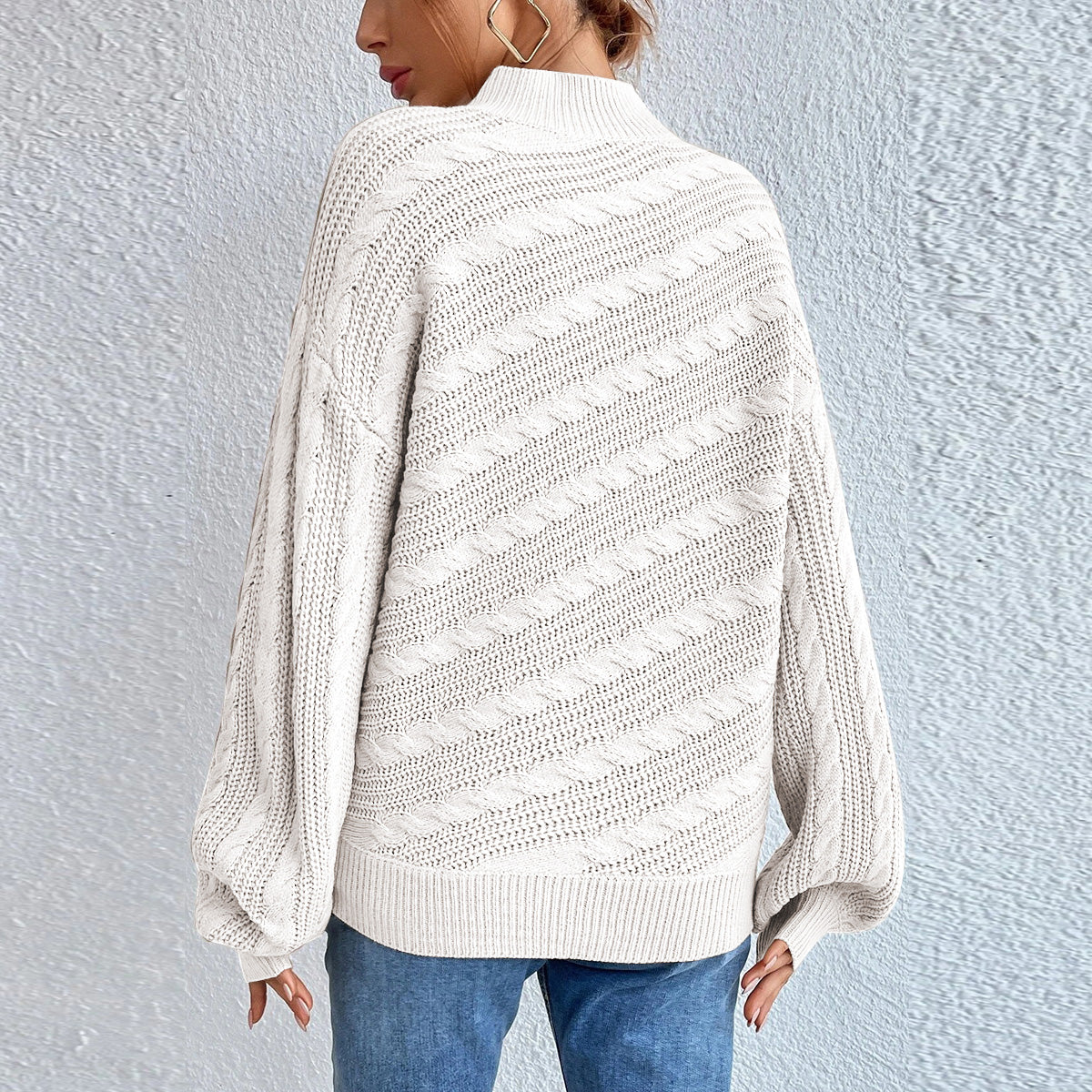 Cable-Knit Mock Neck Long Sleeve Sweater - Fashorio