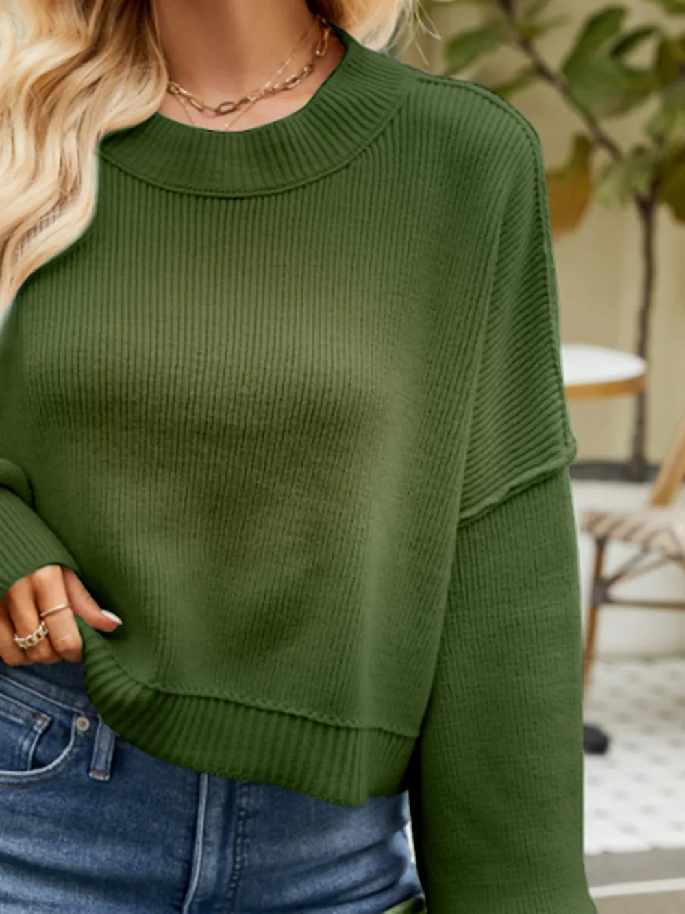 Round Neck Lantern Sleeve Sweater - Fashorio