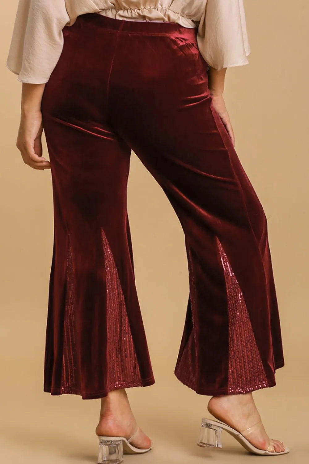 Umgee Full Size Sequin Elastic Waist Velvet Stretch Flare Leg Pants Plus Size - Fashorio